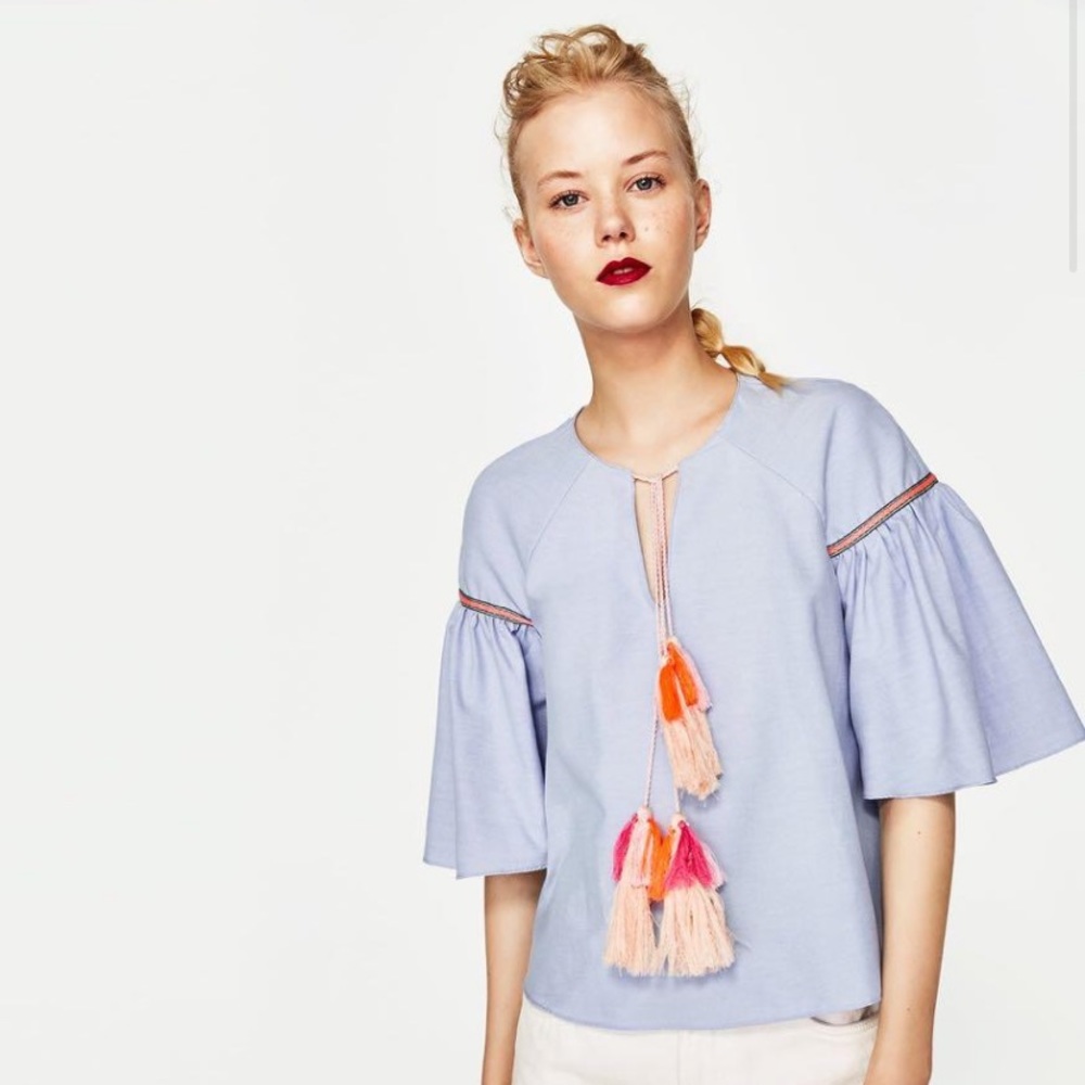 Zara Trafaluc Collection Blue Tassel Blouse S - Picture 4 of 9